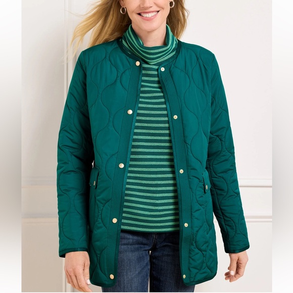 NWT Talbots Collarless Green Quilted Coat Flap Pockets Large Spruced Up